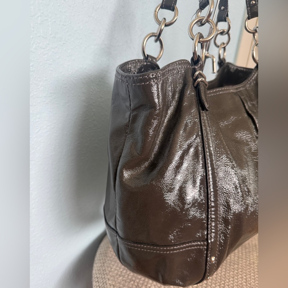 Coach Dark Brown Patent Leather Shoulder Bag with Silver-Tone Hardware - Picture 6 of 13